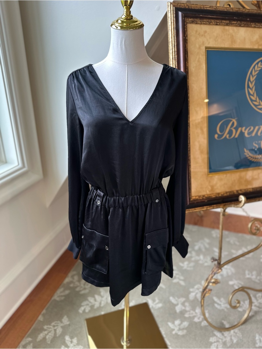 Ramy Brook Black Satin V-Neck Long Sleeve Elastic-Waist dress size xs